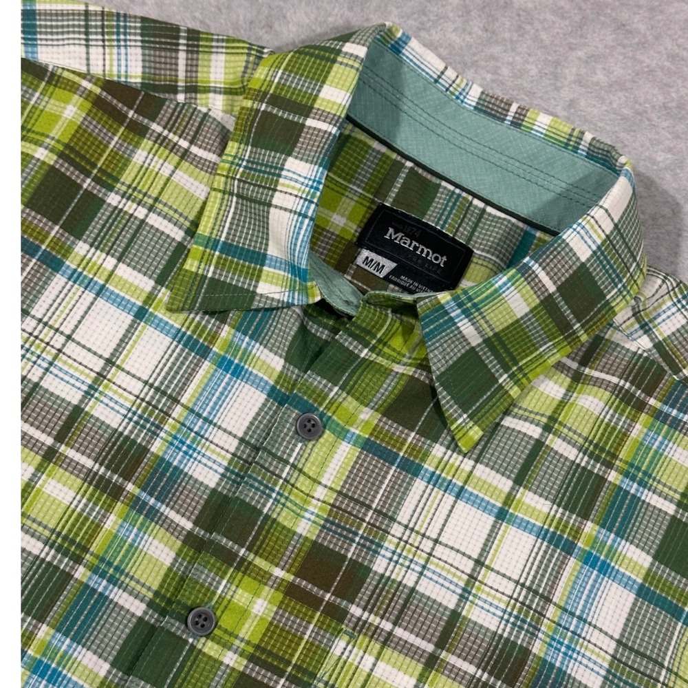 Marmot Mens Plaid Short Sleeve Button Up‎ Shirt Medium Green Blue White